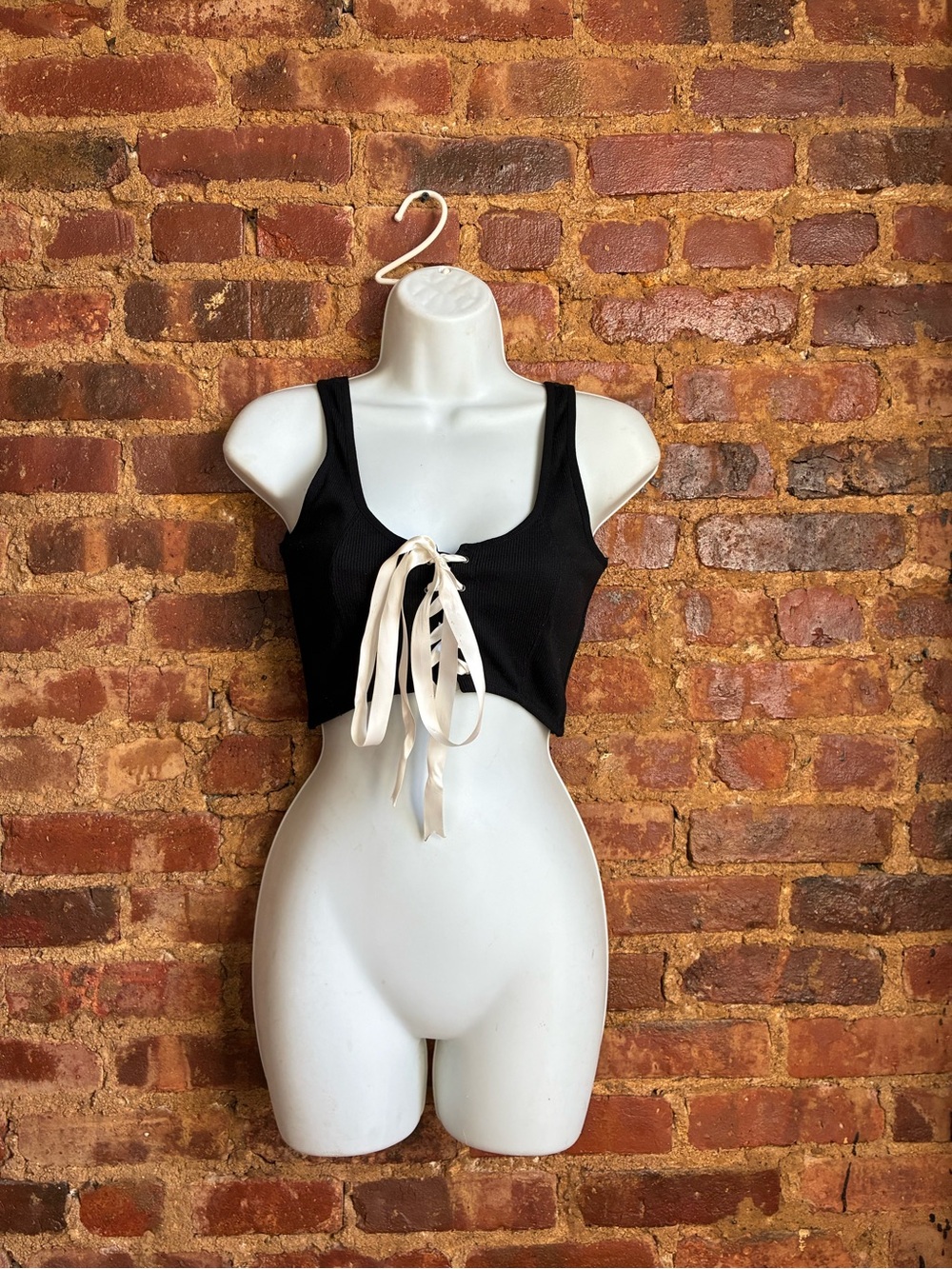 Silence + Noise Black Ribbed Crop Tank with Cream Lace-Up Front Sz. Small